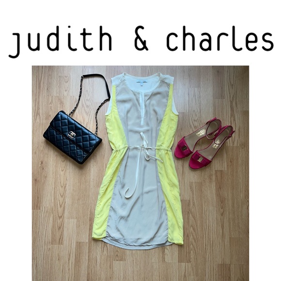judith & Charles Dresses & Skirts - Judith and Charles Silk beige/lime yellow dress with drawstring